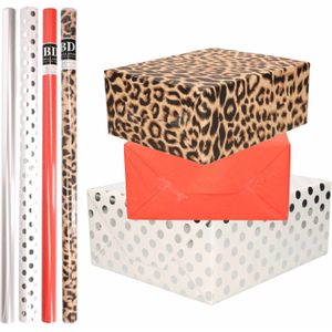 8x Rollen transparante folie/inpakpapier pakket - panterprint/rood/wit met stippen 200 x 70 cm - Cadeaupapier