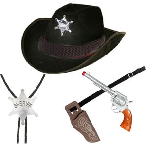 Sheriff verkleedset - 4-delig - incl hoed/holster/revolver/ketting - volwassenen - Verkleedhoofddeksels