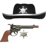 Cowboys speelgoed/verkleed hoed zwart met revolver set kinderen 3-delig - Verkleedattributen