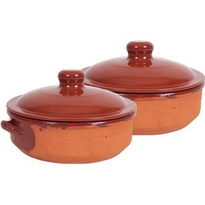 2x Stenen ovenschalen met deksel bruin 24 cm - Terracotta ovenschalen/braadpannen - pannetjes voor 1 persoon