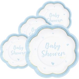 Feest/babyshower bordjes - geboorte - 32x - blauw - bloem vorm - papier/karton - 20 cm - Feestbordjes