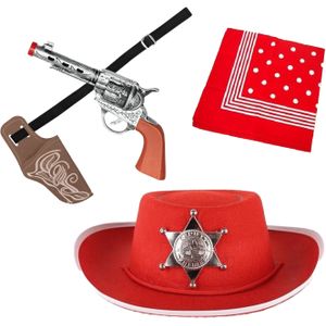 Carnaval Verkleed set - Cowboy hoed rood/zakdoek rood/holster met revolver - voor kinderen - Verkleedhoofddeksels