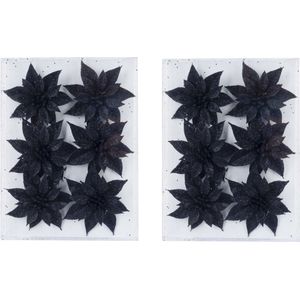 24x stuks decoratie bloemen rozen zwart glitter op ijzerdraad 8 cm - Kersthangers