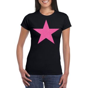 Verkleed T-shirt voor dames - ster - zwart - roze glitter - carnaval/themafeest - Feestshirts