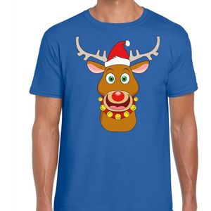 Foute Kerst t-shirt rendier Rudolf rode kerstmuts blauw heren - kerst t-shirts