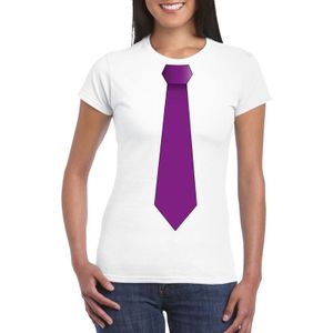 Wit t-shirt met paarse stropdas dames - Feestshirts