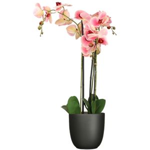 Orchidee kunstplant roze - 75 cm - inclusief bloempot titanium grijs glans - Kunstbloemen in pot