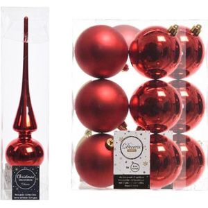 Kerstboom optuigen set rood glazen piek en 12x kunststof ballen 8 cm - Kerstbal