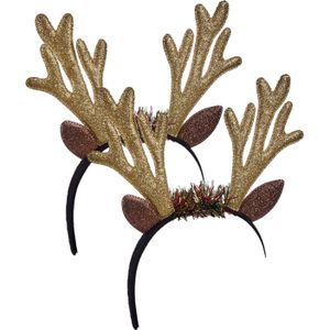 Kerst diadeems/haarbanden - 2x st - rendier gewei - goud - 25 cm - Verkleedattributen