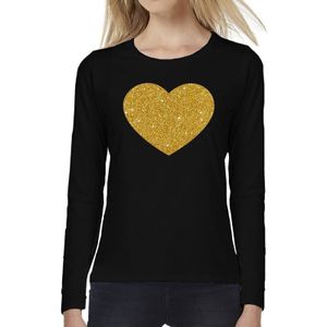 Hart van goud glitter t-shirt long sleeve zwart voor dames - Feestshirts