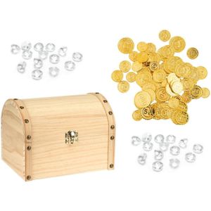 Houten piraten schatkist 20 x 15 cm met 100x plastic gouden piraten geld munten en diamanten - Hobbydozen