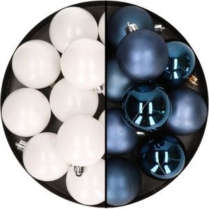24x stuks kunststof kerstballen mix van wit en donkerblauw 6 cm - Kerstbal