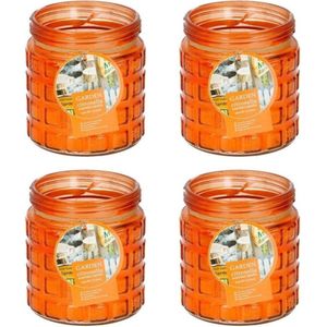 4x stuks citronella kaarsen -  in glazen pot - 12 cm - oranje - buiten - geurkaarsen
