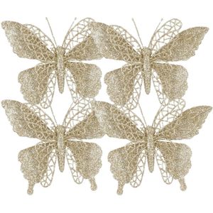 Kerstboomversiering vlinders op clip - 4x st - champagne - 16 cm - kunststof - Kersthangers
