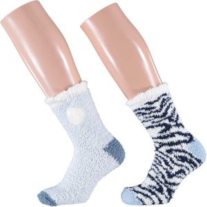 2-pack warme huissokken zebra blauw/wit voor dames - Huissokken