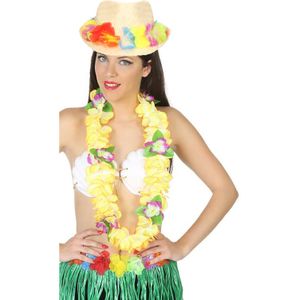 Carnaval verkleed set - Tropische Hawaii party - bloemen band strohoedje - en bloemenkrans geel - Verkleedhoofddeksels