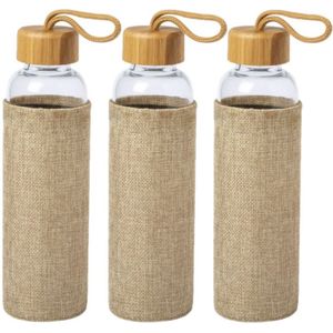 6x Stuks glazen waterfles/drinkfles met naturel bamboe houten bescherm hoes 550 ml - Drinkflessen