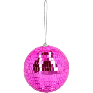 Disco spiegel bal - rond - fuchsia roze - Dia 15 cm - Seventies/eighties thema versiering - Discobollen