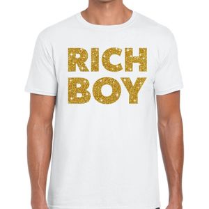 Rich boy goud glitter tekst t-shirt wit heren - Feestshirts