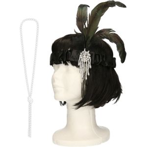 Carnaval verkleed accessoire set - dames hoofdband en parelketting - charleston/jaren 20 stijl - Verkleedattributen