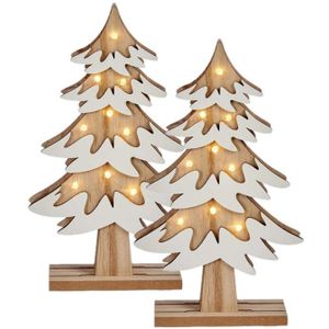 Set van 2x stuks houten kerstboompjes decoratie van 25 cm met LED verlichting - Houten kerstbomen
