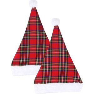 Kerstmutsen - 2x st - rood geruit - 30 x 40 cm - polyester - volwassenen - Kerstmutsen