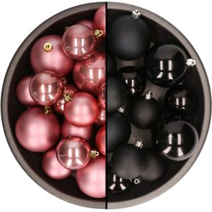 Kerstversiering kunststof kerstballen mix zwart/oud roze 6-8-10 cm pakket van 44x stuks - Kerstbal