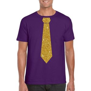 Toppers Paars fun t-shirt met stropdas in glitter goud heren - Feestshirts