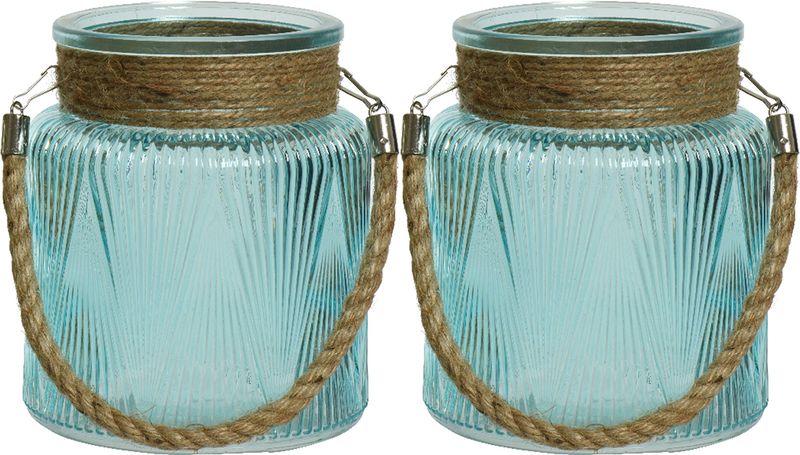 Lumineo windlichten/lantaarns relief - 2x - glas - D14 x H16 cm - blauw