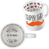 Cadeau koffie/thee mok voor papa - oranje snor - super papa - keramiek - 300 ml - Vaderdag - feest mokken