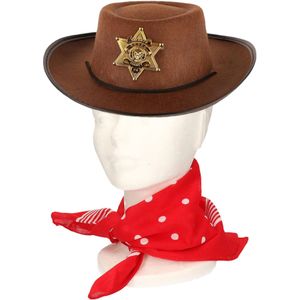 Verkleedset cowboyhoed Sheriff - bruin - met rode hals zakdoek - voor kinderen - Verkleedhoofddeksels
