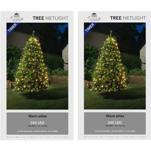 2x stuks kerstboom lichtnetten/netverlichting met timer 240 lampjes warm wit - kerstverlichting lichtnet