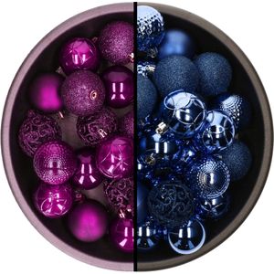 Kerstballen - 74x st - kobaltblauw en paars - 6 cm - kunststof - Kerstbal