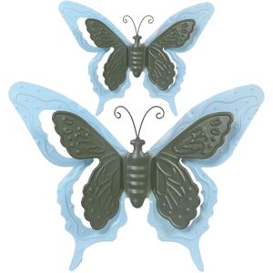Tuin/schutting decoratie vlinders - metaal - blauw - 17 x 13 cm - 36 x 27 cm - Tuinbeelden