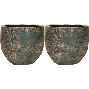 Set van 2x stuks luxe plantenpotten/bloempotten blauw/goud Madeira van keramiek 14 cm - Plantenpotten