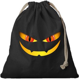 3x Monster gezicht halloween canvas snoep tasje/ snoepzakje zwart met koord 25 x 30 cm - Verkleedtassen