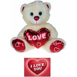 Pluche knuffelbeer 70 cm met wit/rood Valentijn Love hartje incl. hartjes wenskaart - Knuffelberen