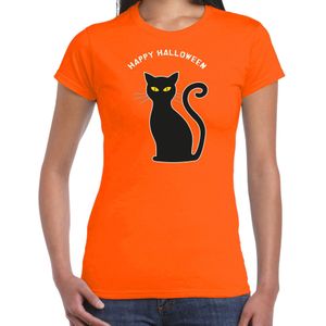 Halloween verkleed t-shirt voor dames - zwarte kat - oranje - themafeest outfit - Feestshirts