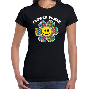 Jaren 60 Flower Power verkleed shirt zwart met psychedelische emoticon bloem dames - Feestshirts