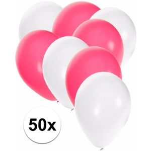 50x ballonnen - 27 cm -  wit / roze versiering - Ballonnen