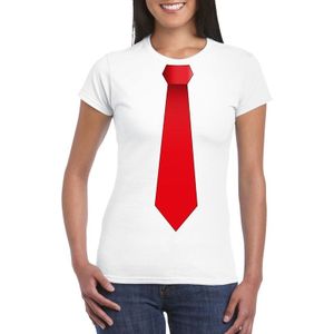 Wit t-shirt met rode stropdas dames - Feestshirts