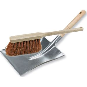 Stoffer en blik set voor buiten - zilver/naturel - verzinkt metaal - hout met kokosharen - Stoffer en blik