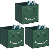 Opbergmand/kastmand dino - 3x - voor kinderen - karton/kunststof - groen - 30 x 30 x 30 cm - Opbergmanden