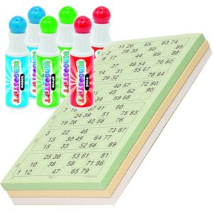 200x Bingokaarten nummers 1-90 inclusief 6x bingo stiften blauw/groen/rood