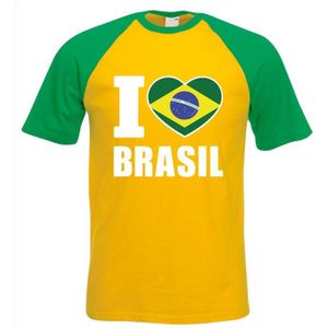 Geel/ groen I love Brazilie fan baseball shirt heren - Feestshirts