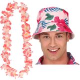 Tropische Hawaii party verkleedset - bucket hoedje - met bloemenslinger roze - volwassenen - Verkleedhoofddeksels