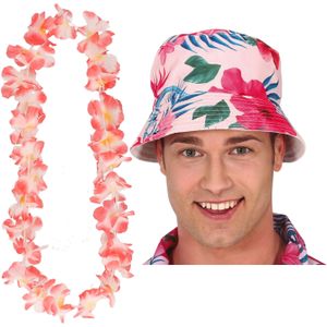 Tropische Hawaii party verkleedset - bucket hoedje - met bloemenslinger roze - volwassenen - Verkleedhoofddeksels