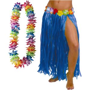 Hawaii verkleed hoela rokje en bloemenkrans met led - volwassenen - blauw - tropisch themafeest - Carnavalskostuums