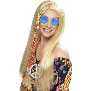 Dames Flower Power Hippie Sixties verkleed set pruik en bril en peace ketting - Verkleedpruiken