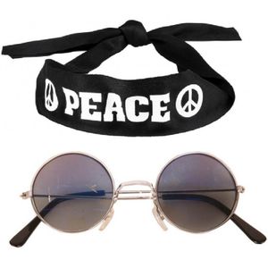 Hippie Flower Power verkleedset hoofdband met ronde glazen bril antraciet - Verkleedhoofddeksels